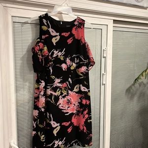 Gently used Tahari Levine dress, beautiful black background with pink florals
